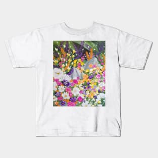 Flower and Garden, Floral Artwork, Bright Flowers Painting, Pink, Purple, White, and Orange Wild Flowers with dark background Kids T-Shirt